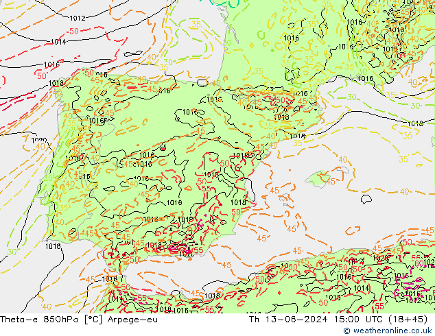 Theta-e 850hPa Arpege-eu Th 13.06.2024 15 UTC