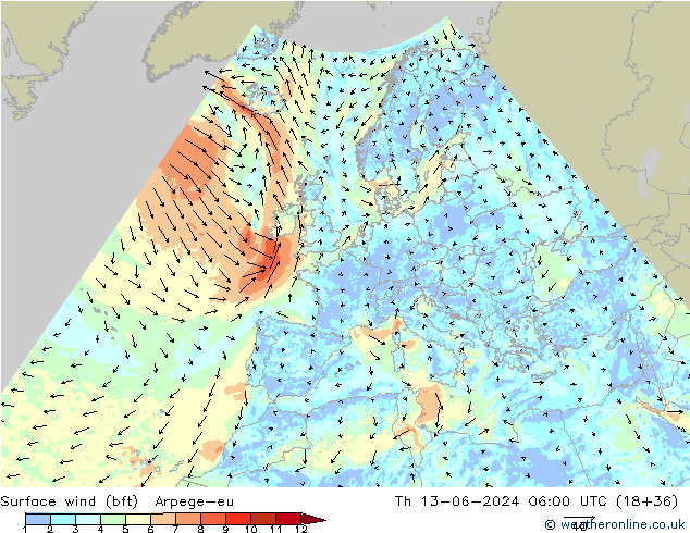 Surface wind (bft) Arpege-eu Čt 13.06.2024 06 UTC