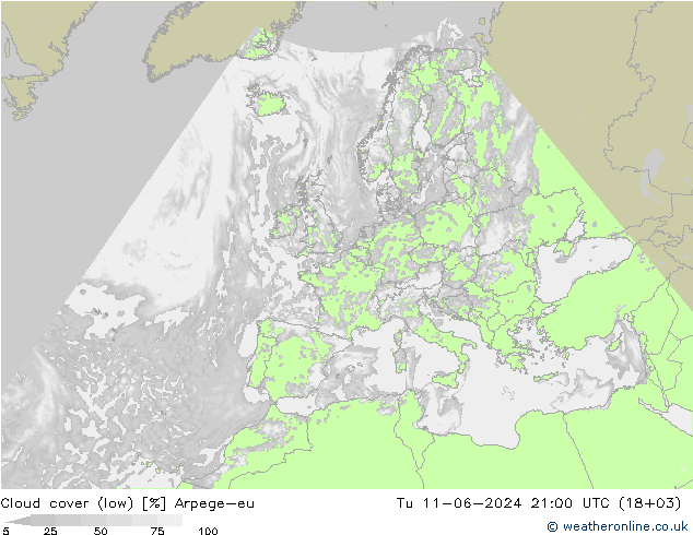 Cloud cover (low) Arpege-eu Tu 11.06.2024 21 UTC