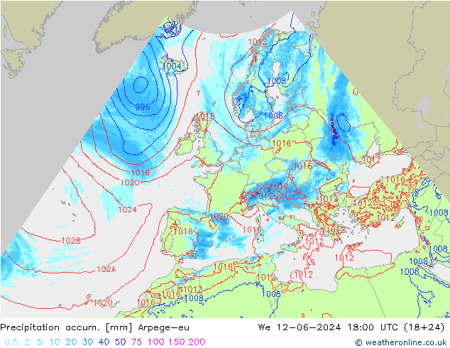 Totale neerslag Arpege-eu wo 12.06.2024 18 UTC