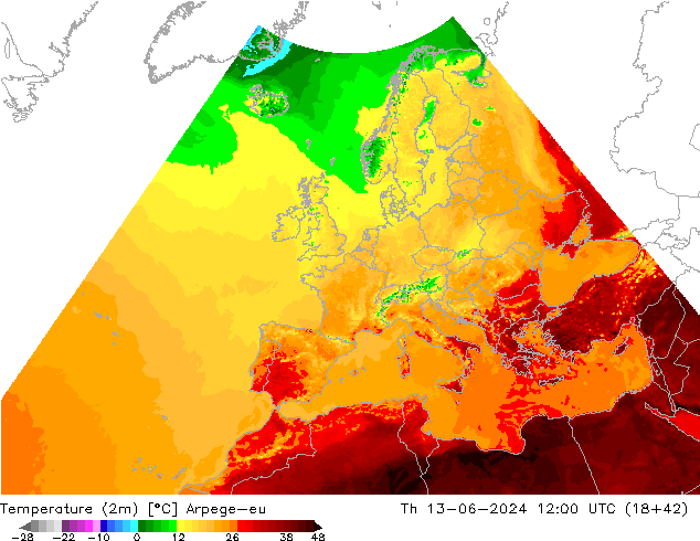 Temperatuurkaart (2m) Arpege-eu do 13.06.2024 12 UTC