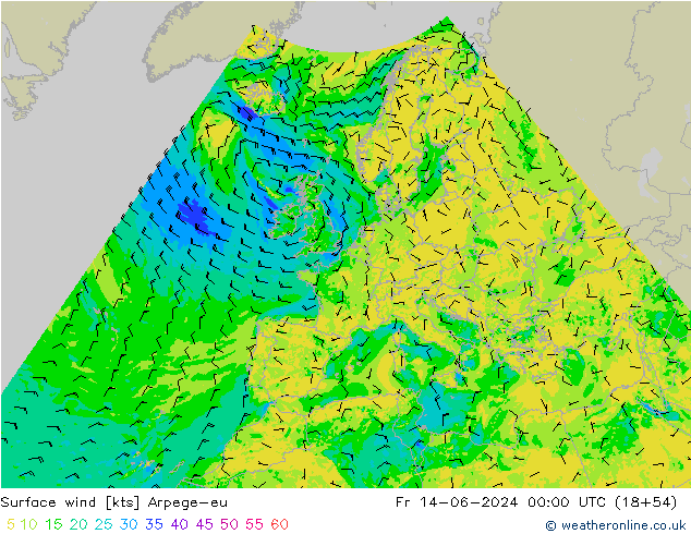 wiatr 10 m Arpege-eu pt. 14.06.2024 00 UTC