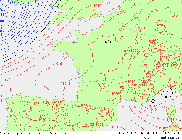 приземное давление Arpege-eu чт 13.06.2024 06 UTC