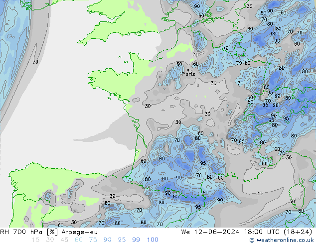 RH 700 hPa Arpege-eu Mi 12.06.2024 18 UTC