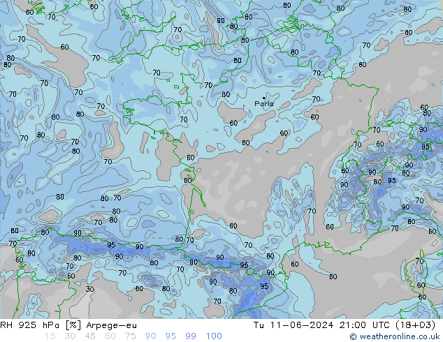 Humidité rel. 925 hPa Arpege-eu mar 11.06.2024 21 UTC