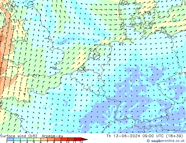 wiatr 10 m (bft) Arpege-eu czw. 13.06.2024 09 UTC