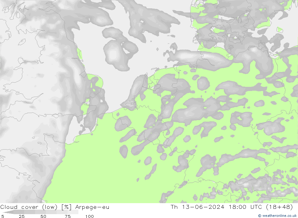 nízká oblaka Arpege-eu Čt 13.06.2024 18 UTC