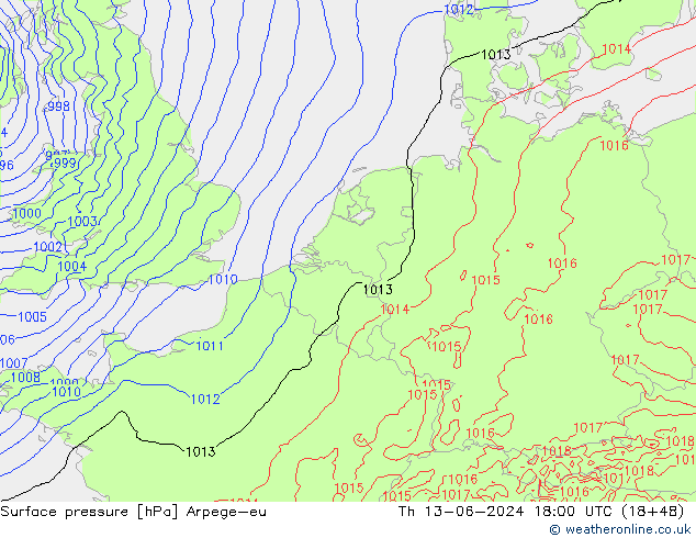 Atmosférický tlak Arpege-eu Čt 13.06.2024 18 UTC