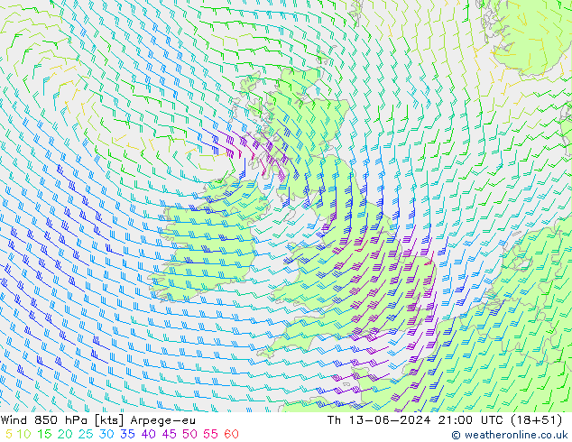 Vent 850 hPa Arpege-eu jeu 13.06.2024 21 UTC