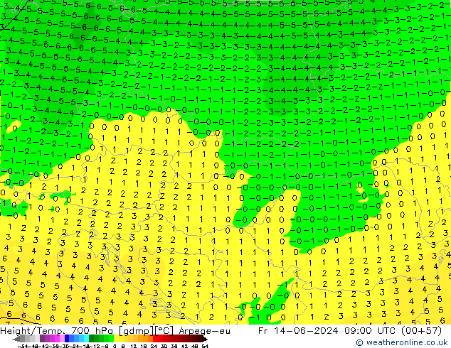 Height/Temp. 700 гПа Arpege-eu пт 14.06.2024 09 UTC