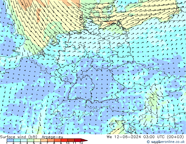 Surface wind (bft) Arpege-eu We 12.06.2024 03 UTC