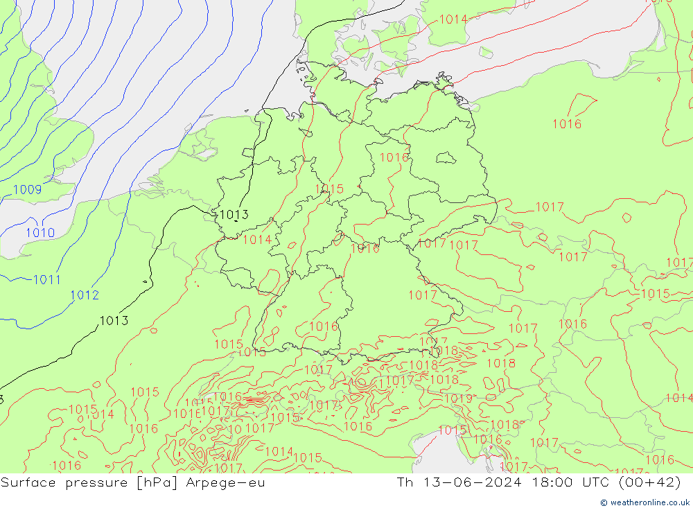 Atmosférický tlak Arpege-eu Čt 13.06.2024 18 UTC