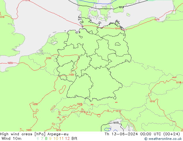 High wind areas Arpege-eu  13.06.2024 00 UTC