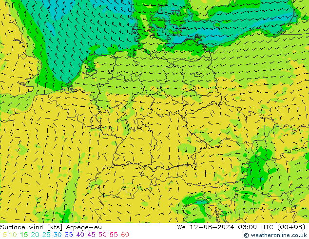 Vento 10 m Arpege-eu Qua 12.06.2024 06 UTC