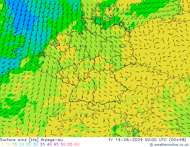 Surface wind Arpege-eu Pá 14.06.2024 00 UTC