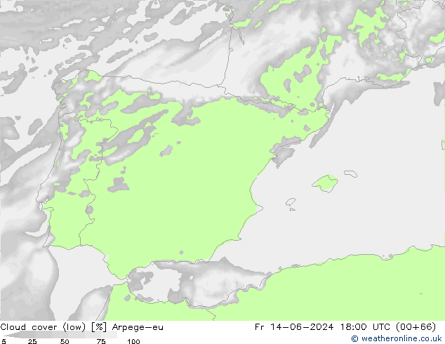 Cloud cover (low) Arpege-eu Fr 14.06.2024 18 UTC