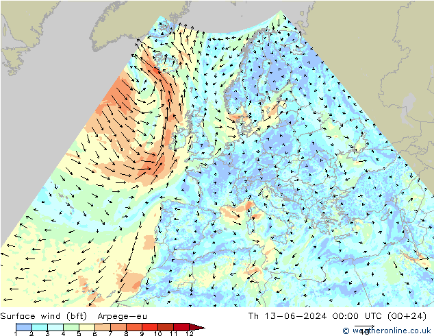 Vento 10 m (bft) Arpege-eu Qui 13.06.2024 00 UTC