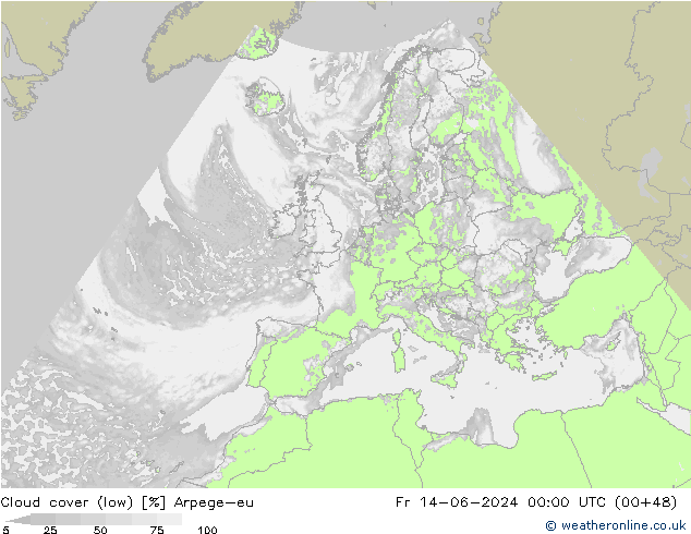 Bewolking (Laag) Arpege-eu vr 14.06.2024 00 UTC