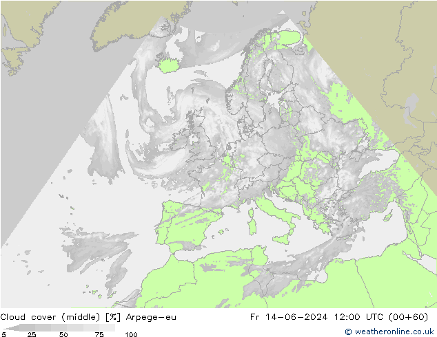 Cloud cover (middle) Arpege-eu Fr 14.06.2024 12 UTC