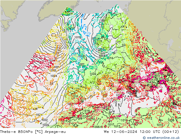 Theta-e 850hPa Arpege-eu Mi 12.06.2024 12 UTC