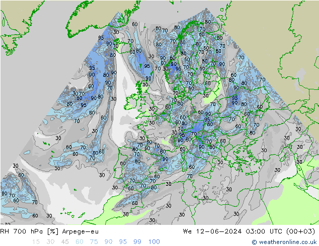 RH 700 hPa Arpege-eu mer 12.06.2024 03 UTC