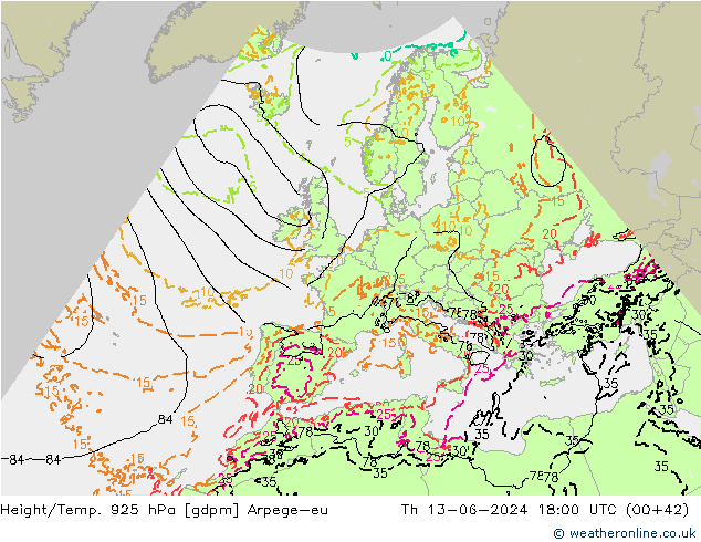 Géop./Temp. 925 hPa Arpege-eu jeu 13.06.2024 18 UTC