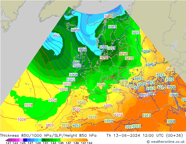 Dikte 850-1000 hPa Arpege-eu do 13.06.2024 12 UTC