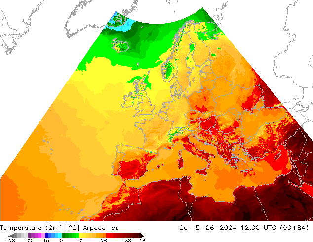 Temperature (2m) Arpege-eu Sa 15.06.2024 12 UTC