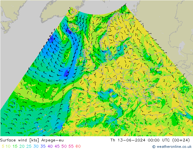 Wind 10 m Arpege-eu do 13.06.2024 00 UTC