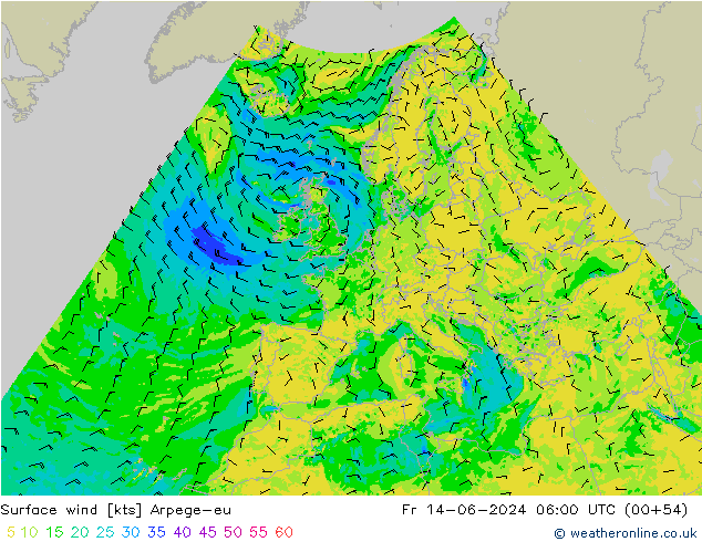 wiatr 10 m Arpege-eu pt. 14.06.2024 06 UTC