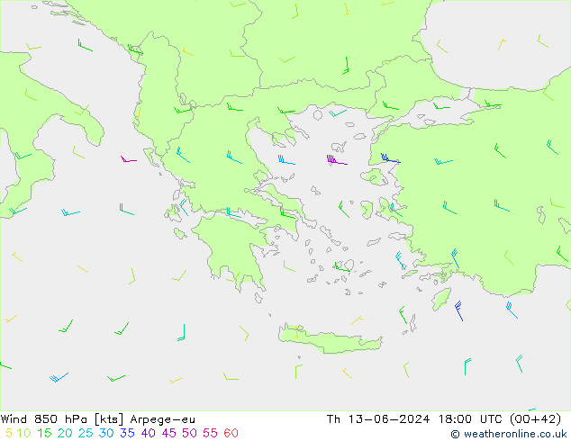 Wind 850 hPa Arpege-eu Th 13.06.2024 18 UTC