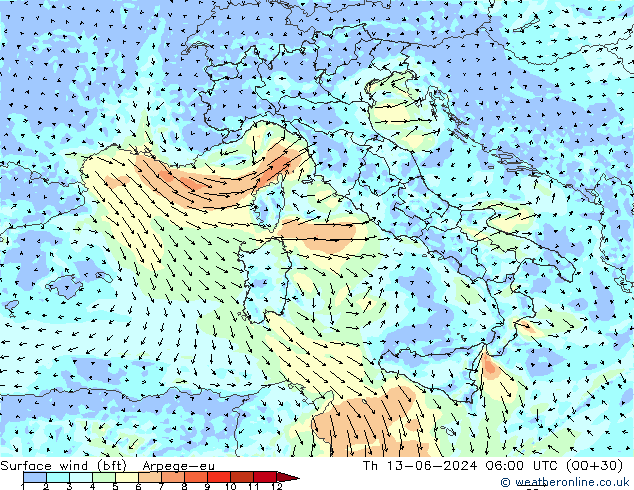 Vento 10 m (bft) Arpege-eu Qui 13.06.2024 06 UTC