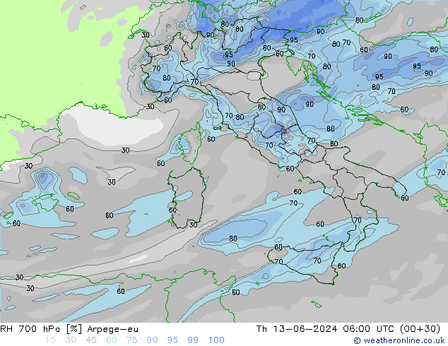 RH 700 hPa Arpege-eu Qui 13.06.2024 06 UTC