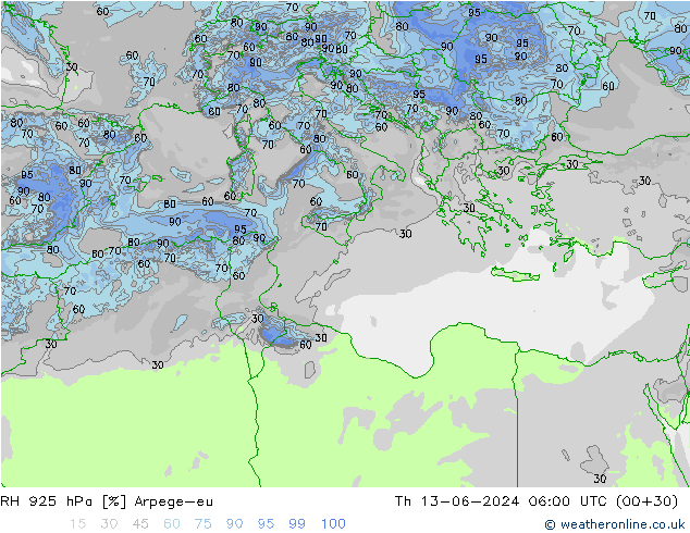 RH 925 hPa Arpege-eu Qui 13.06.2024 06 UTC