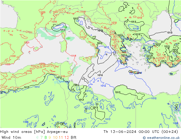 High wind areas Arpege-eu чт 13.06.2024 00 UTC