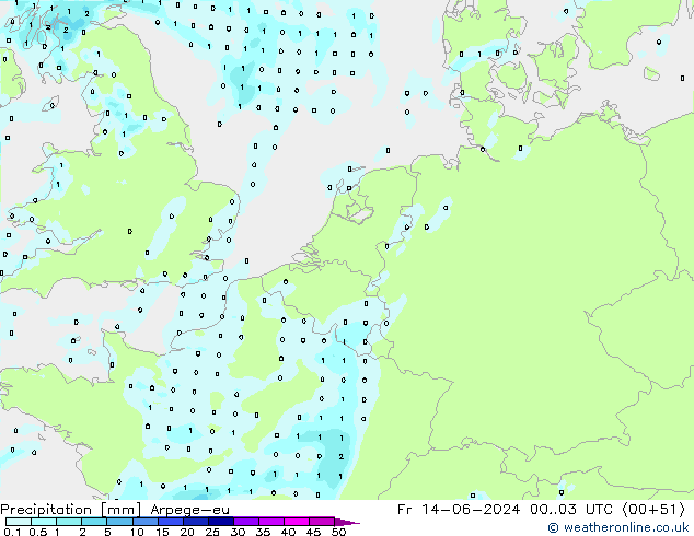 Precipitazione Arpege-eu ven 14.06.2024 03 UTC