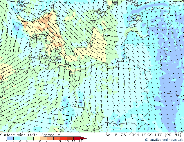 wiatr 10 m (bft) Arpege-eu so. 15.06.2024 12 UTC