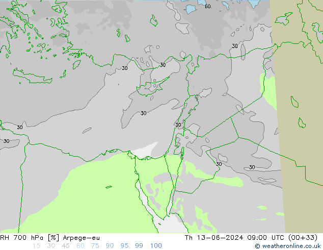 Humedad rel. 700hPa Arpege-eu jue 13.06.2024 09 UTC