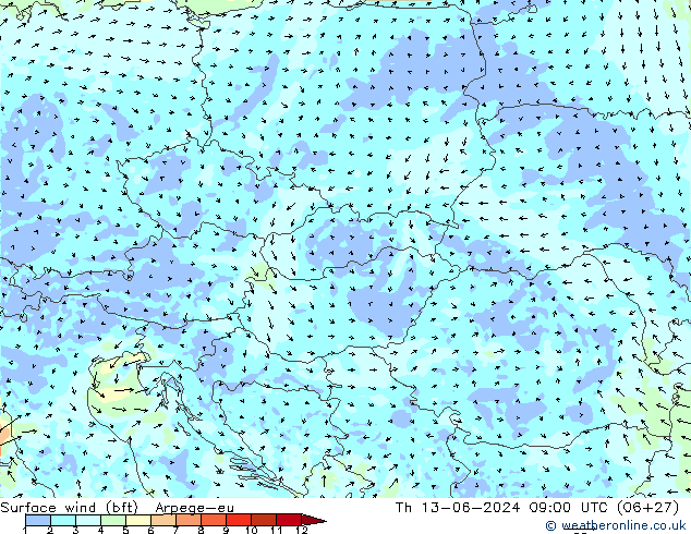 Bodenwind (bft) Arpege-eu Do 13.06.2024 09 UTC