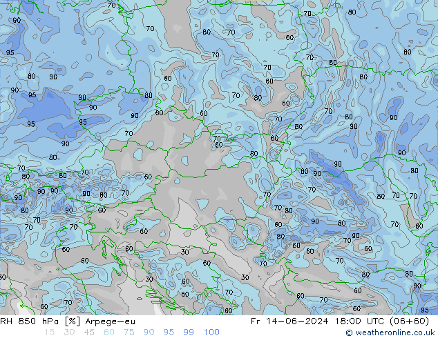 RH 850 гПа Arpege-eu пт 14.06.2024 18 UTC