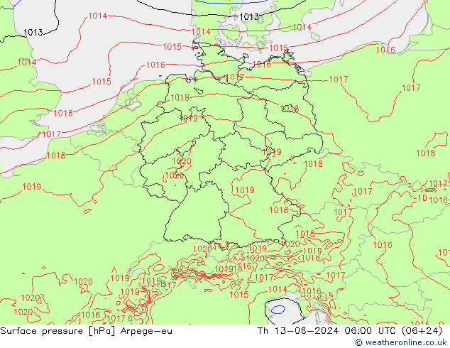 Atmosférický tlak Arpege-eu Čt 13.06.2024 06 UTC