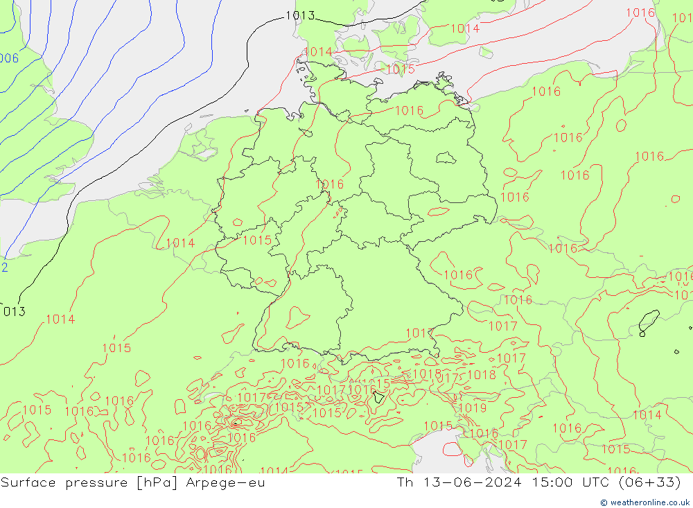 Atmosférický tlak Arpege-eu Čt 13.06.2024 15 UTC