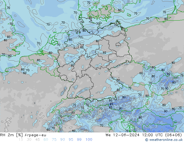 RH 2m Arpege-eu mer 12.06.2024 12 UTC