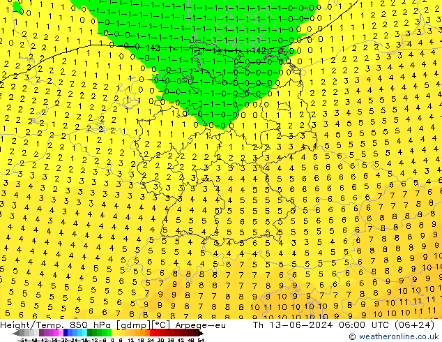 Height/Temp. 850 hPa Arpege-eu Čt 13.06.2024 06 UTC