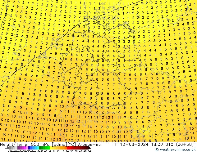 Height/Temp. 850 hPa Arpege-eu Qui 13.06.2024 18 UTC