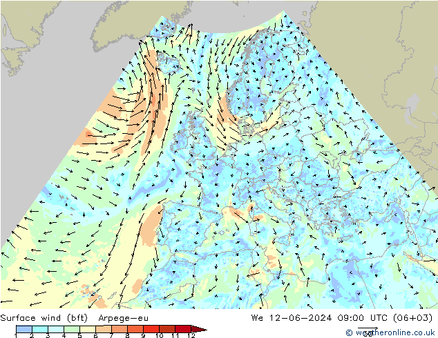 Surface wind (bft) Arpege-eu We 12.06.2024 09 UTC