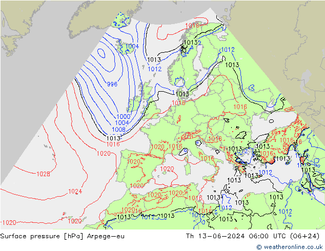 Surface pressure Arpege-eu Th 13.06.2024 06 UTC
