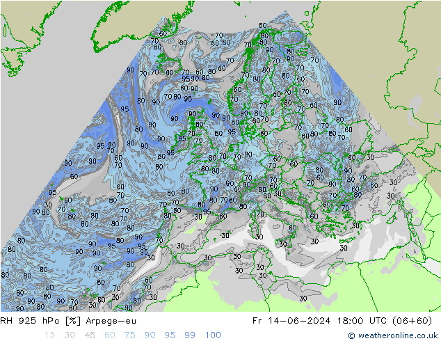 RH 925 hPa Arpege-eu Fr 14.06.2024 18 UTC