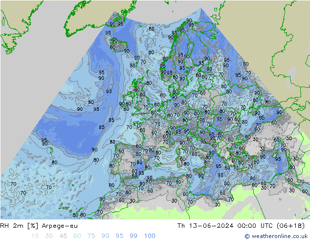 RH 2m Arpege-eu Th 13.06.2024 00 UTC