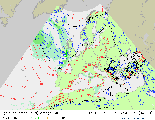 High wind areas Arpege-eu чт 13.06.2024 12 UTC